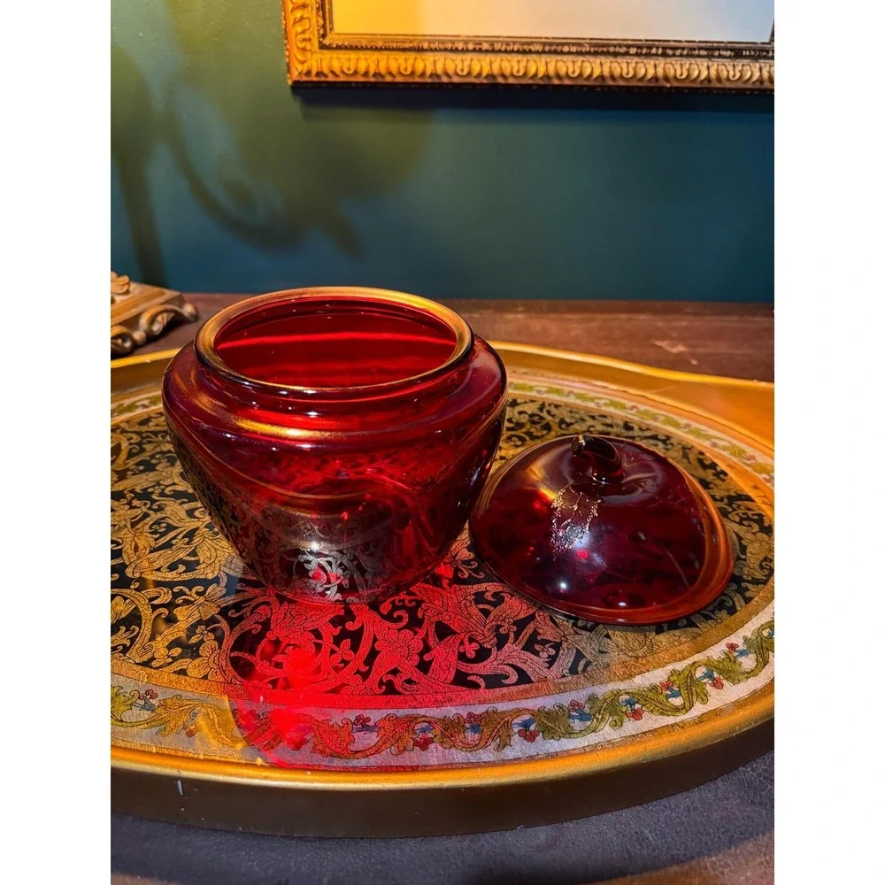 Vintage Anchor Hocking Ruby Red‎ Cookie Jar: Embossed Leaf Lid, 1970s